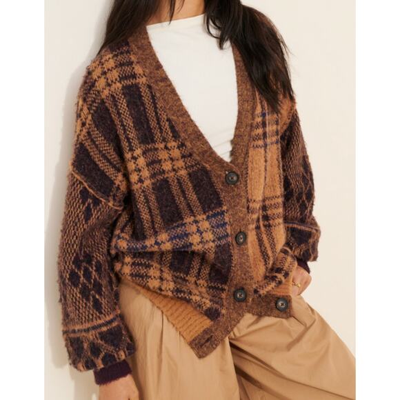 Free People Sepia Plaid Jacquard Oversize Cardigan Grandpa Size Medium - Picture 1 of 9